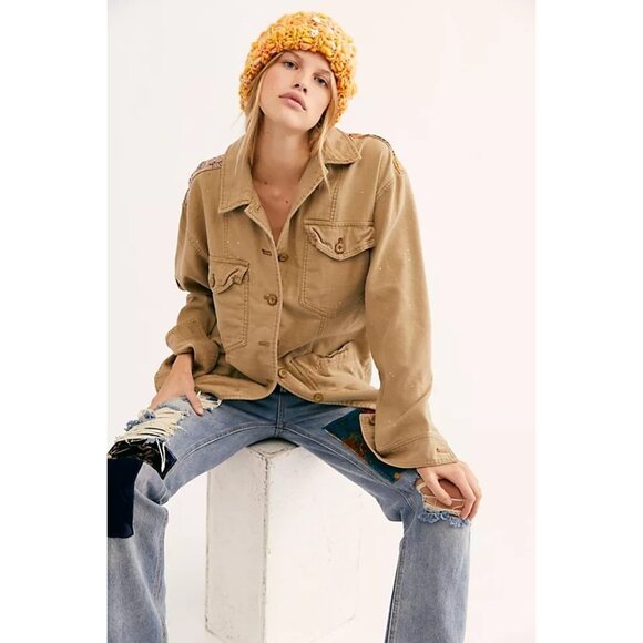 We the Free Swept Up Shirt Jacket Oversized Button Front Tan Multi Sz XS g2 - Picture 2 of 8